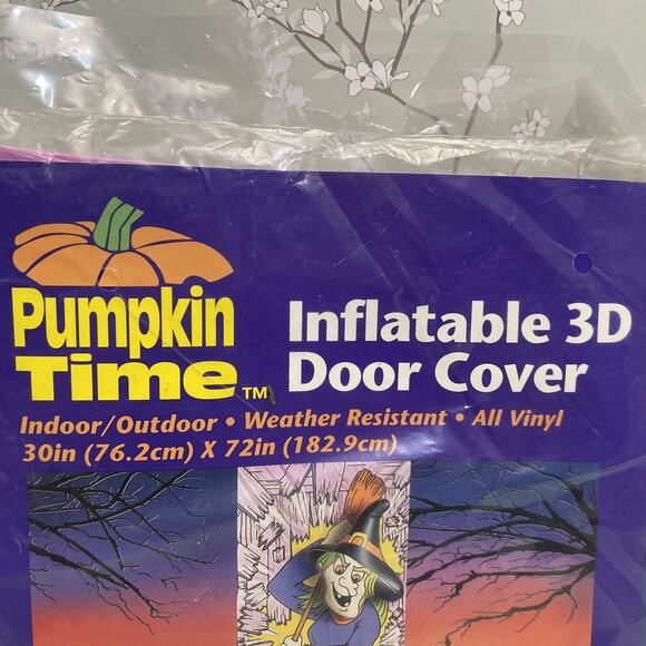 Vintage Halloween Crashing Witch 3-D Vinyl Inflatable Door Cover 30"X 72" - Picture 3 of 6